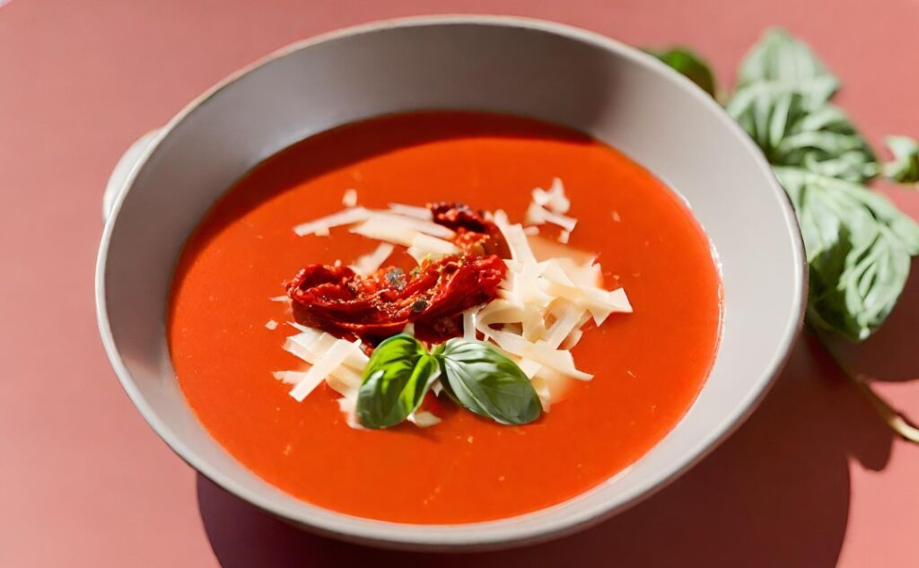 chŁodnik z czerwonej papryki z suszonymi pomidorami, bazyliĄ i ŚwieŻo tartym parmezanem