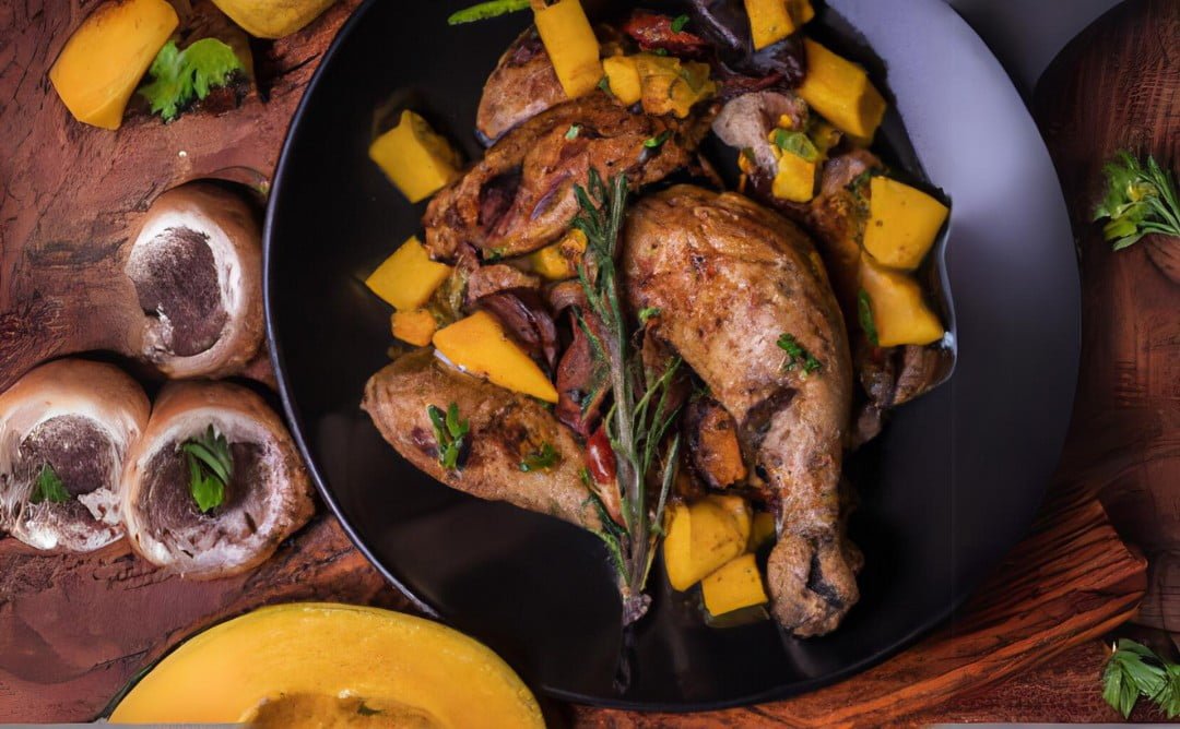 kurczak smażony z borowikami i mango