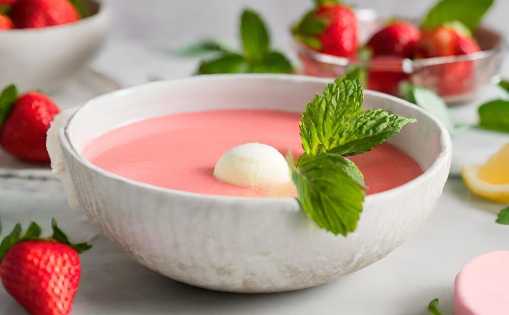 zupa chlodnik z truskawek i wanilii z sorbetem cytrynowym i świeżą mięta